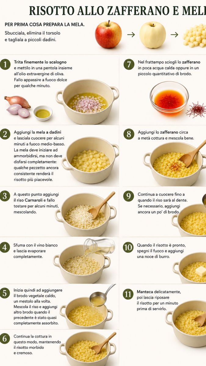 Procedimento passo passo del risotto allo zafferano e mele