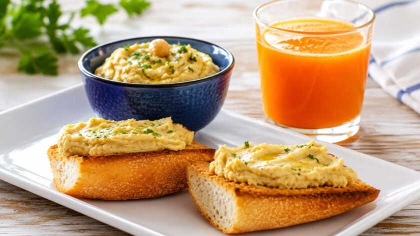 Colazione salata detox con pane tostato, hummus di ceci e succo di carota