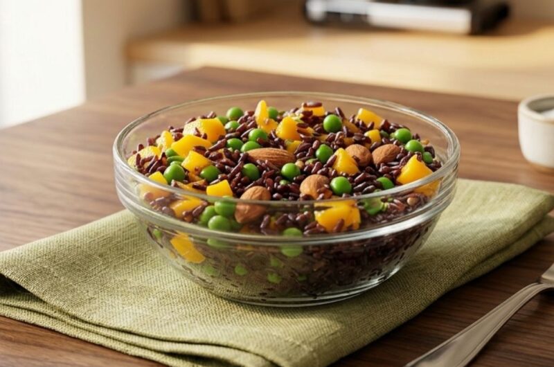 insalata di riso venere con carote e mandorle