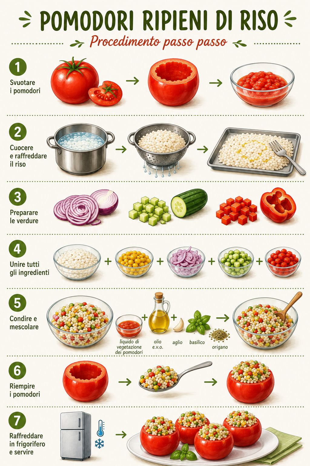 Procedimento illustrato per preparare i pomodori ripieni di riso