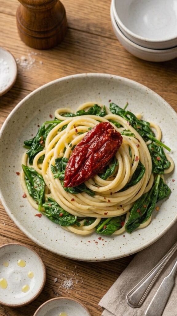pasta con spinaci e peperone crusco