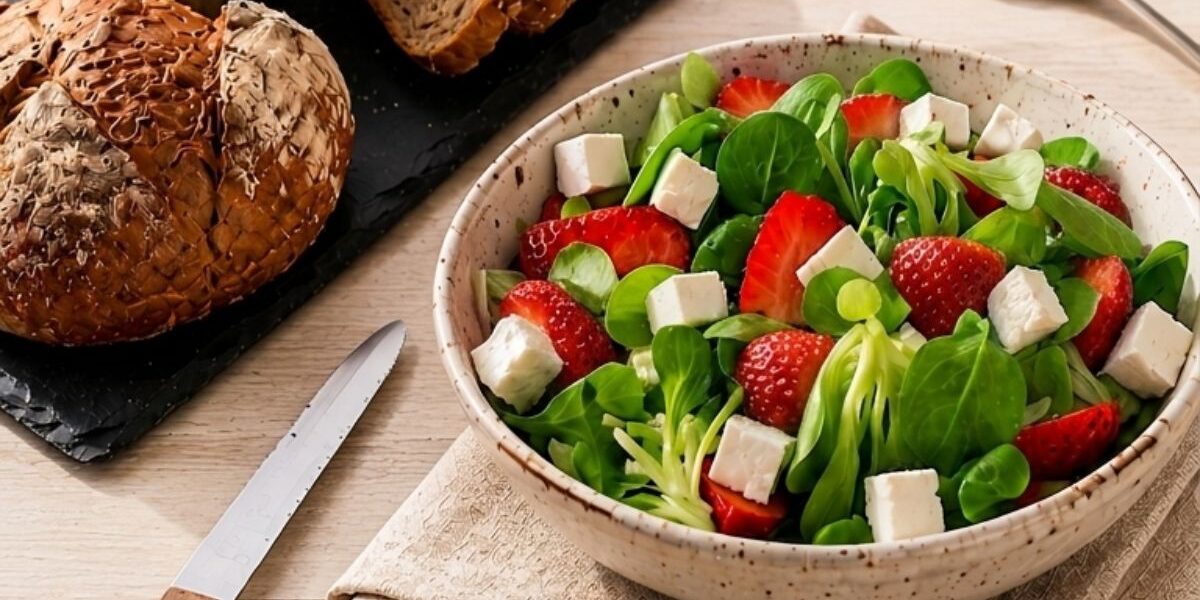 insalata di valeriana con fragole e feta