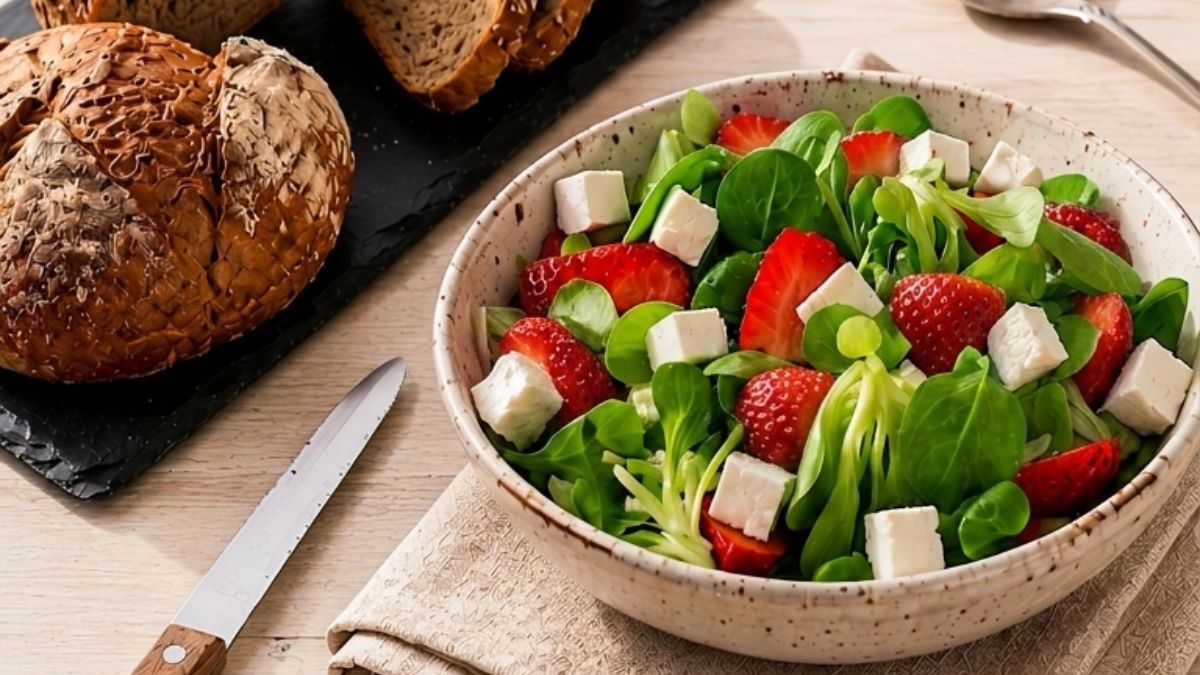 Insalata di valeriana con fragole e feta