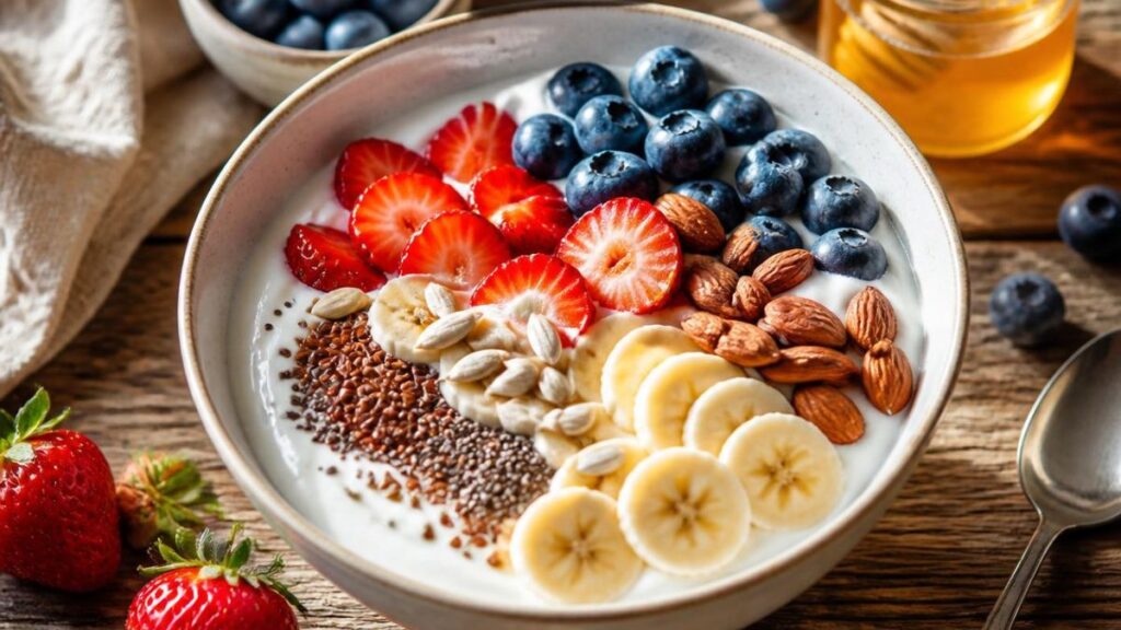 Yogurt con frutta fresca e semi per una colazione sana ed equilibrata