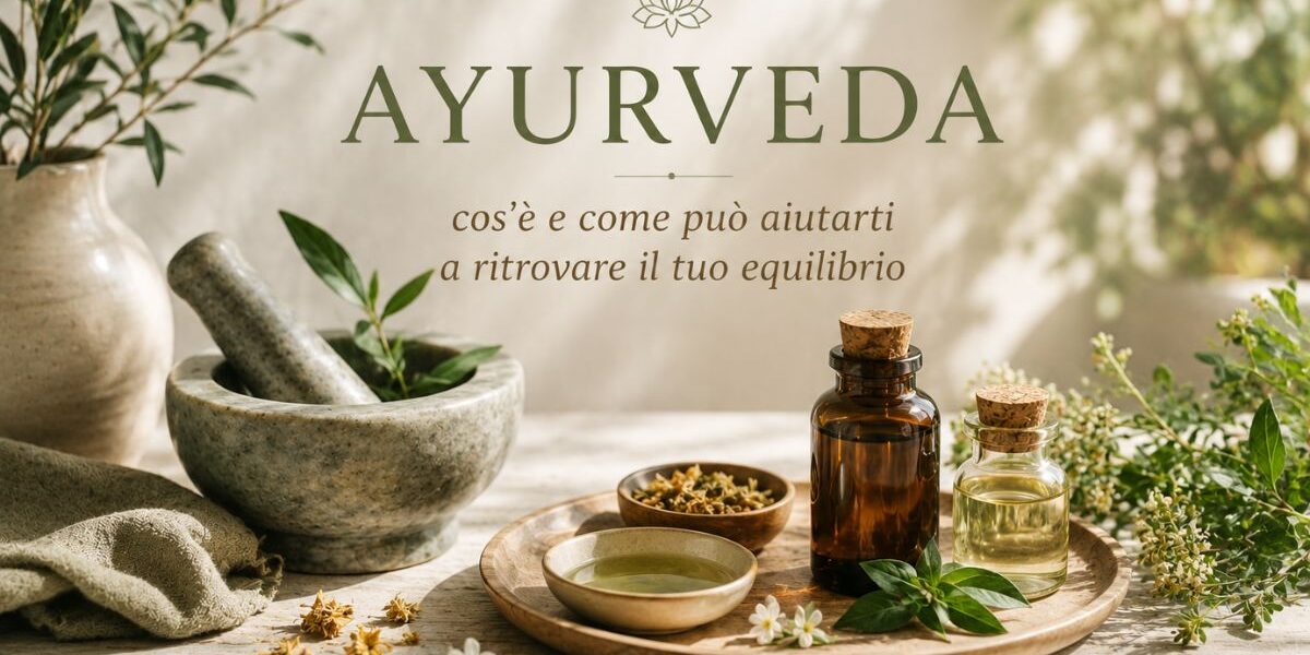 yurveda con oli naturali, erbe e strumenti per il benessere