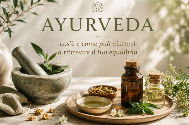 yurveda con oli naturali, erbe e strumenti per il benessere