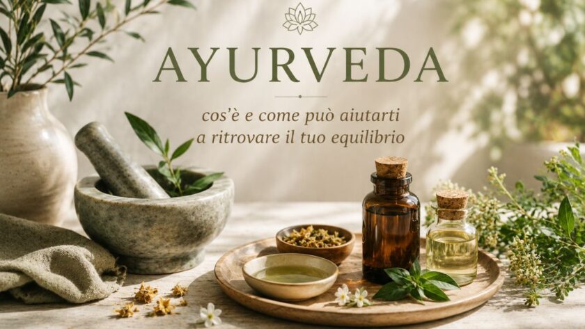 yurveda con oli naturali, erbe e strumenti per il benessere