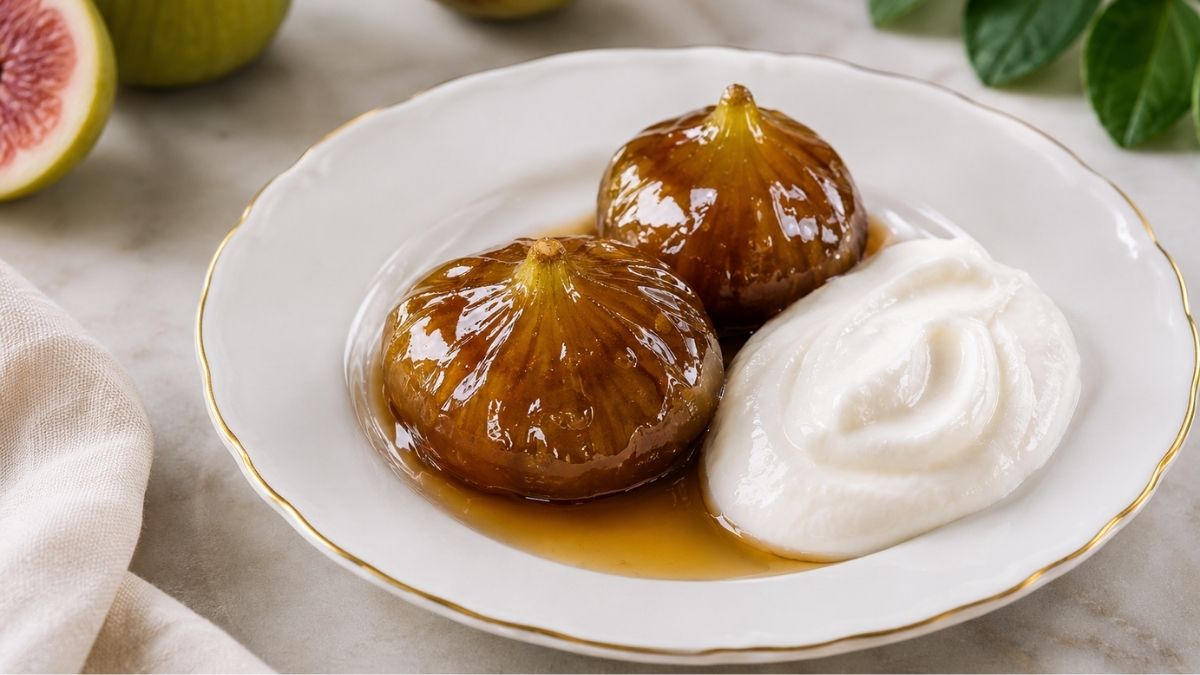 Due fichi sciroppati al Passito serviti con crema di ricotta e yogurt su un piatto elegante