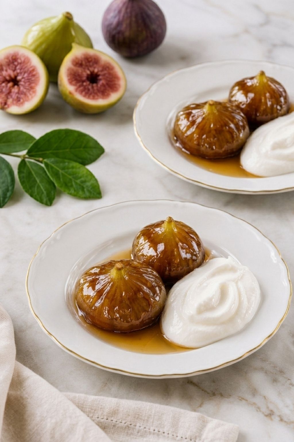 Due piatti bianchi con fichi sciroppati lucidi e crema di ricotta e yogurt greco su sfondo in marmo