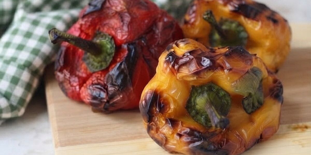 Peperoni arrostiti in friggitrice ad aria uno rosso e due gialli