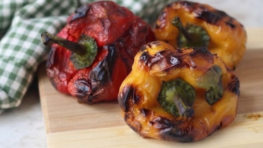 Peperoni arrostiti in friggitrice ad aria uno rosso e due gialli