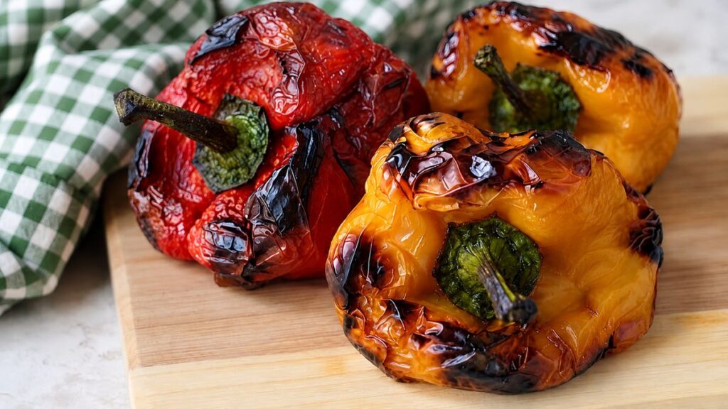 Peperoni arrostiti in friggitrice ad aria uno rosso e due gialli