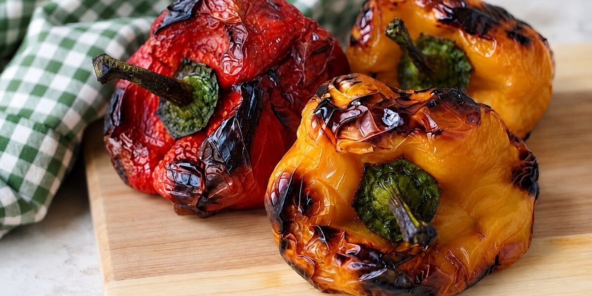 Peperoni arrostiti in friggitrice ad aria uno rosso e due gialli