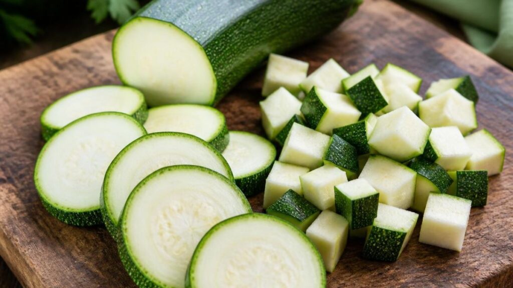 zucchine fresche tagliate a rondelle su piano di lavoro