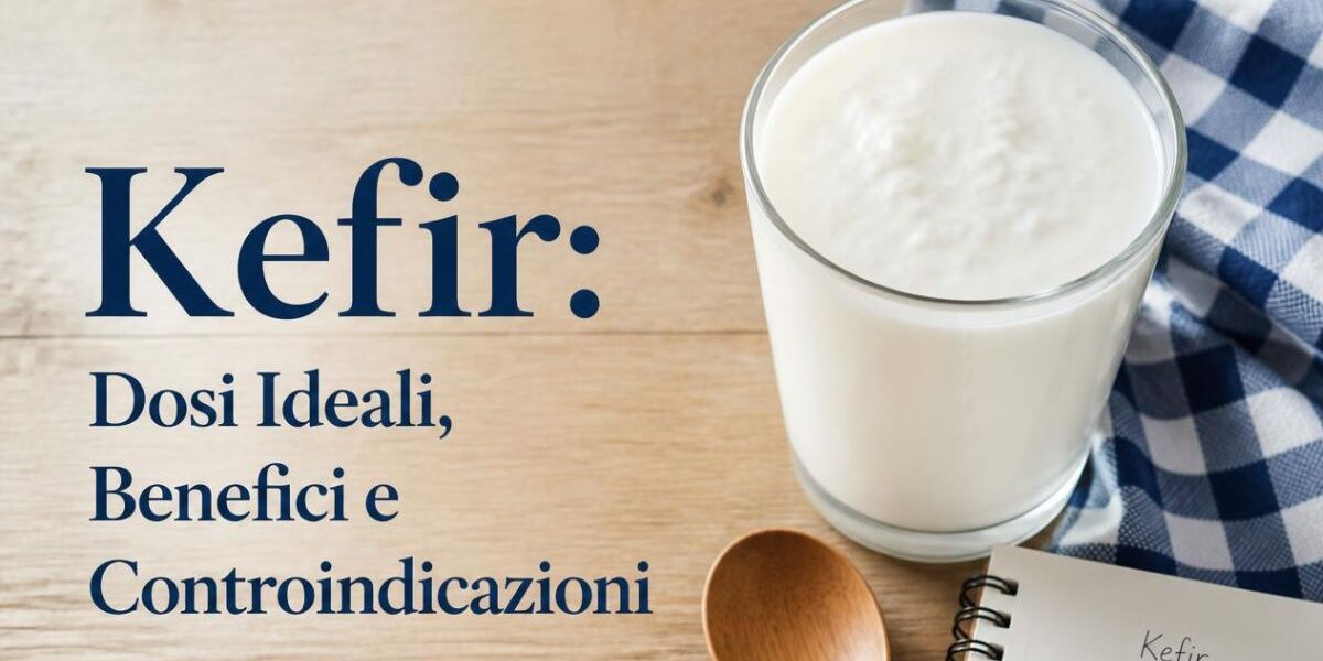 Bicchiere di kefir di latte fresco con cucchiaio di legno per la dose giornaliera raccomandata