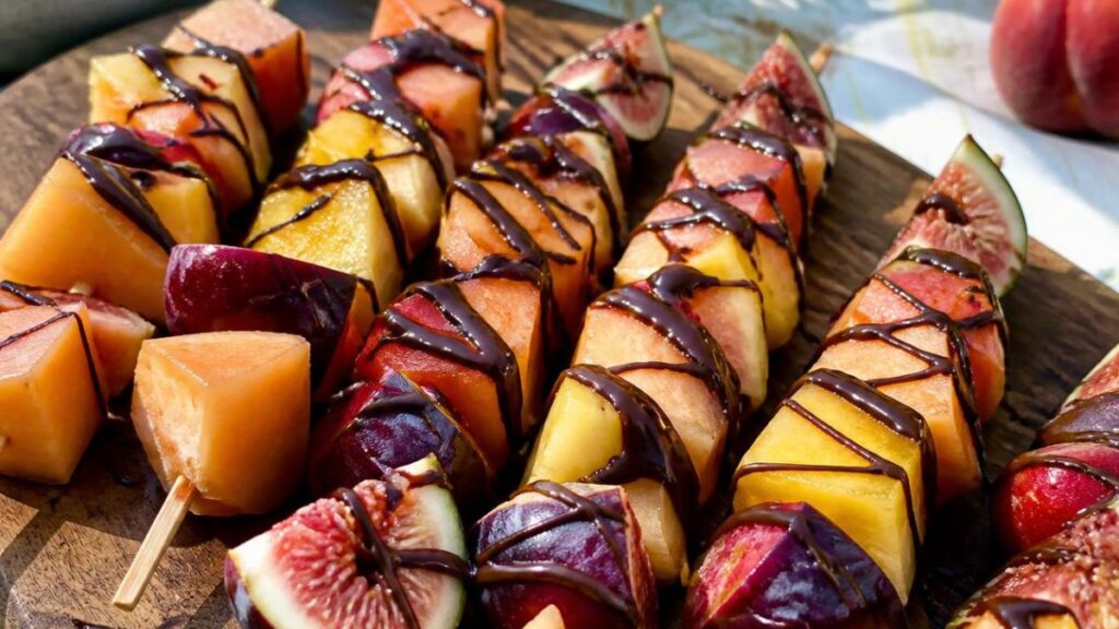 spiedini di frutta estiva con cioccolato fondente