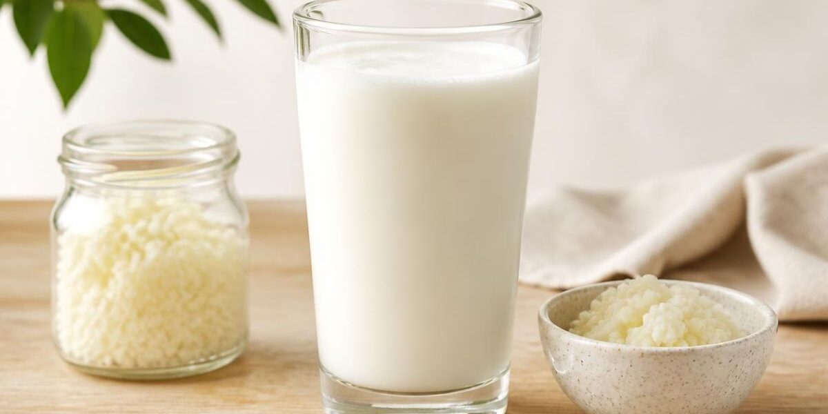 valori nutrizionali del kefir di latte versato in un bicchiere accanto a diversi tipi di latte