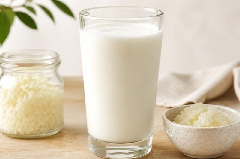 valori nutrizionali del kefir di latte versato in un bicchiere accanto a diversi tipi di latte