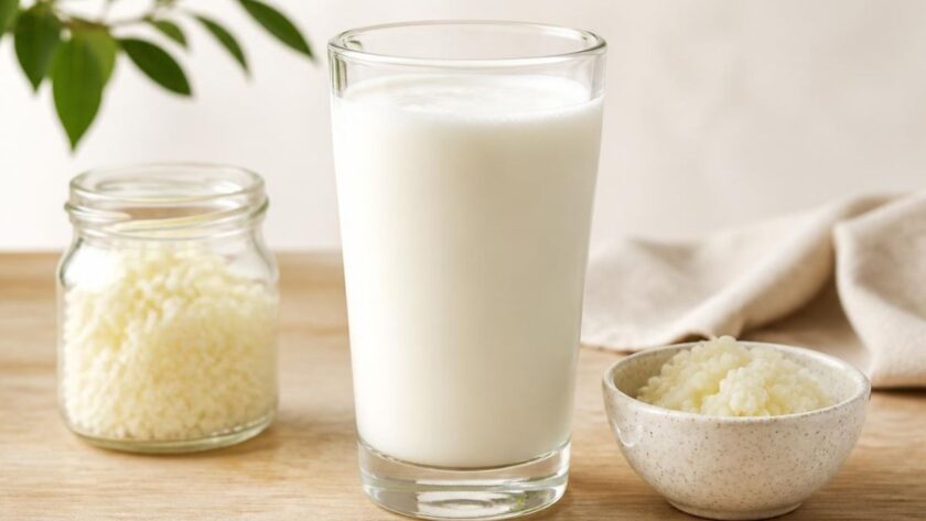 valori nutrizionali del kefir di latte versato in un bicchiere accanto a diversi tipi di latte