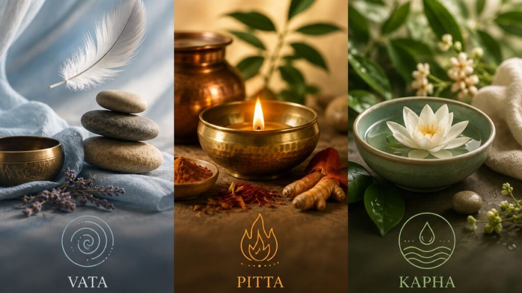 Rappresentazione dei tre dosha dell'Ayurveda: Vata, Pitta e Kapha