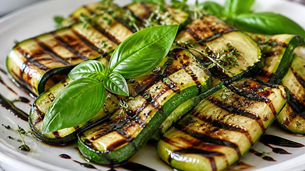 piatto di zucchine grigliate condite con olio extravergine ed erbe aromatiche