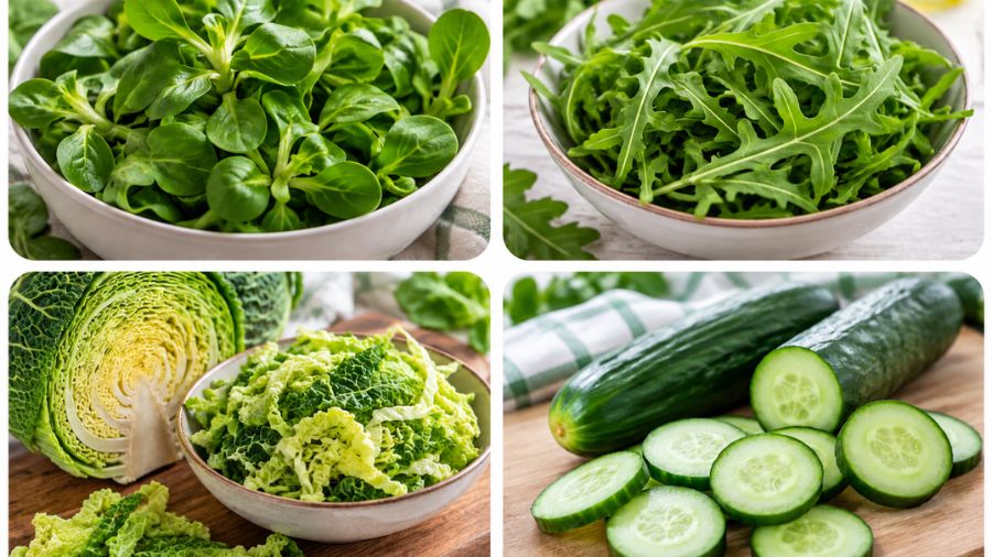Base di verdure per insalata con valeriana, rucola, verza e cetrioli freschi