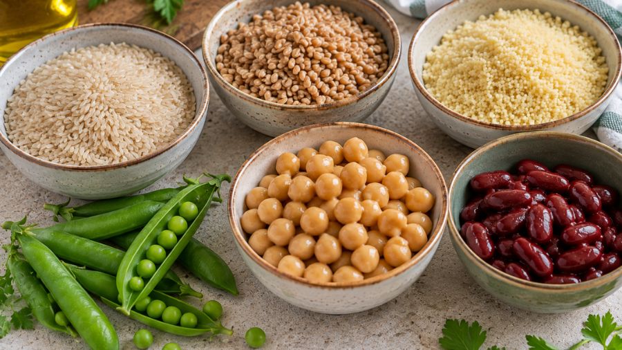 Cereali e legumi per insalata con riso, farro, cous cous, ceci, fagioli rossi e baccelli di piselli freschi
