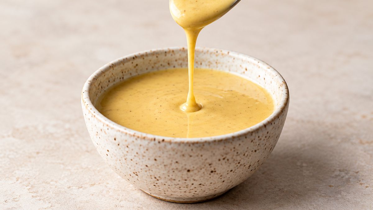 Dressing al limone e senape cremoso versato da un cucchiaino in una ciotola