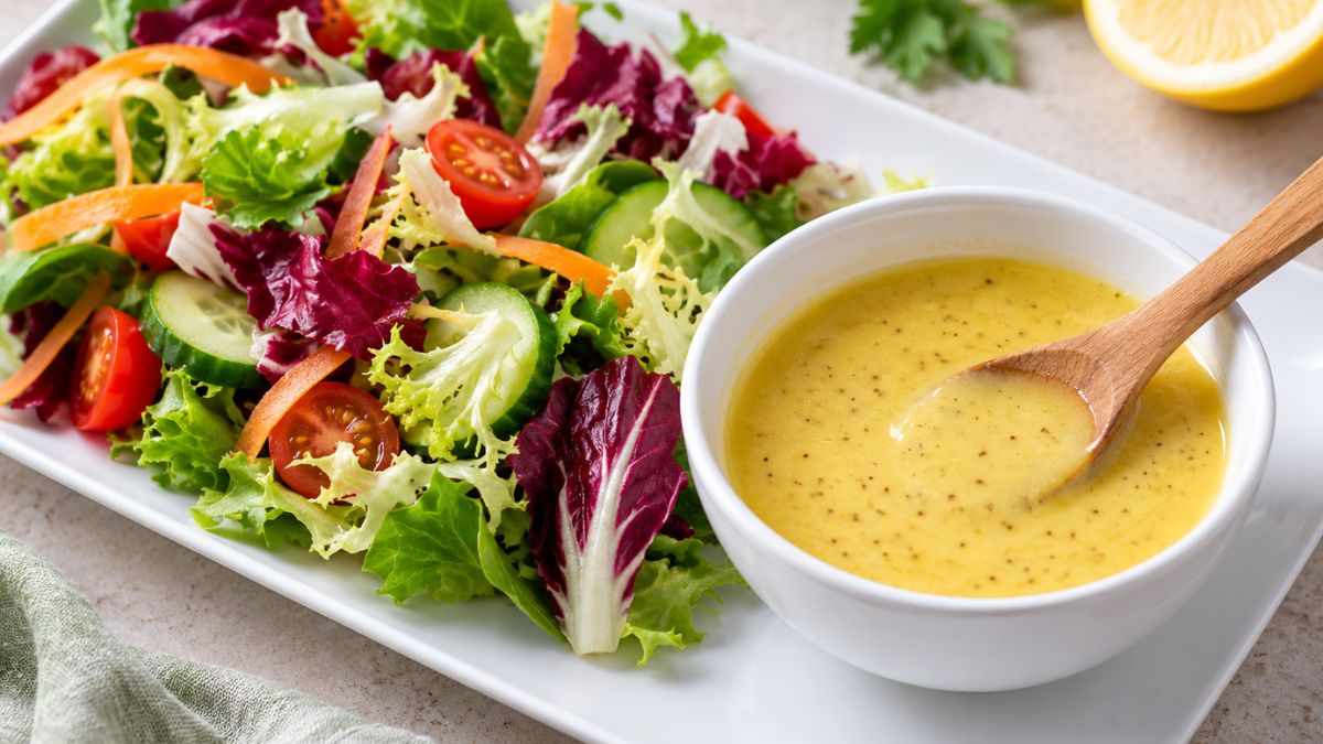 Dressing al limone e senape cremoso servito in una ciotola bianca accanto a un'insalata mista fresca
