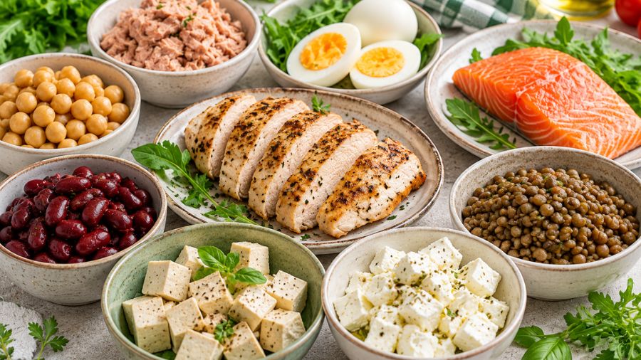 Fonti di proteine per insalata con pollo, salmone, uova, ceci, lenticchie, tofu e feta