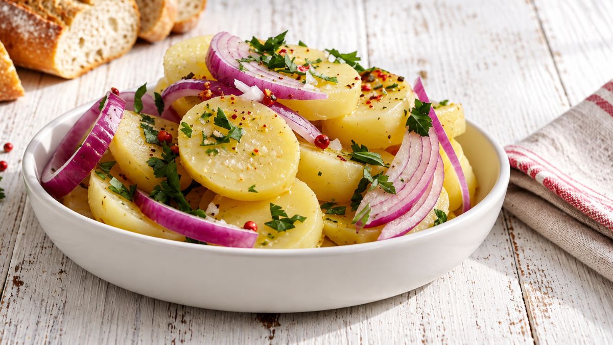 Insalata di patate novelle lesse con buccia, cipolla rossa, prezzemolo e condimento alla senape