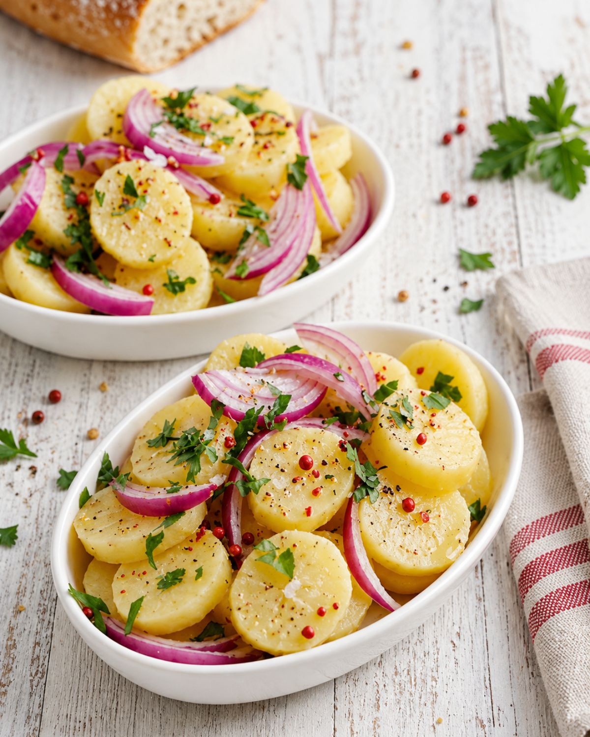 Insalata di patate novelle lesse con buccia, cipolla rossa, prezzemolo e condimento alla senape e limone