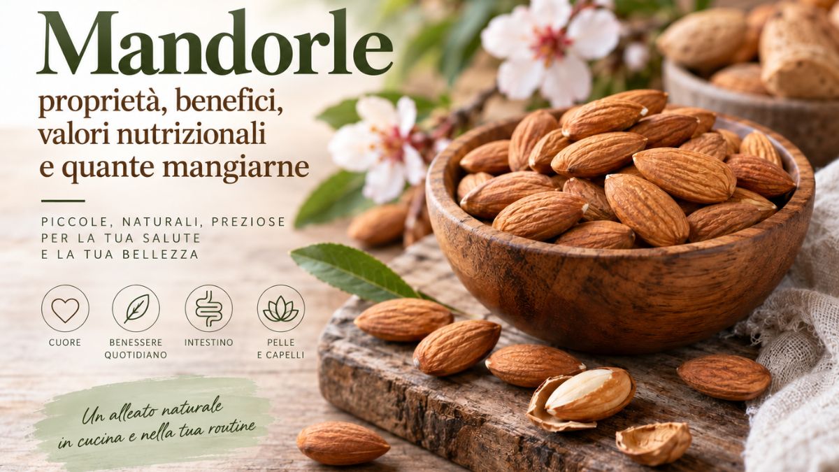 Mandorle intere con fiori e foglie, illustrazione delle proprietà, dei benefici e dei valori nutrizionali