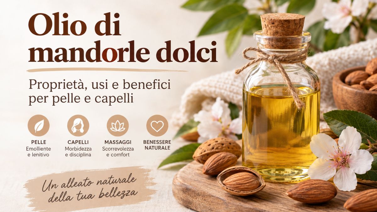 Olio di mandorle dolci con mandorle e fiori, per la cura naturale di pelle e capelli